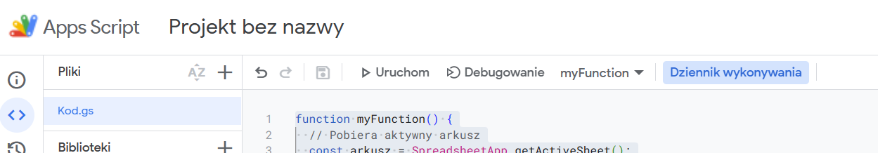 Zrzut ekranu pokazujący gdzie jest przycisk Uruchom w Apps Script