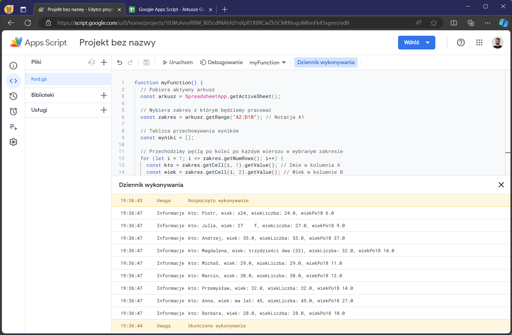 Wynik działania skryptu appscript w dzienniku loga