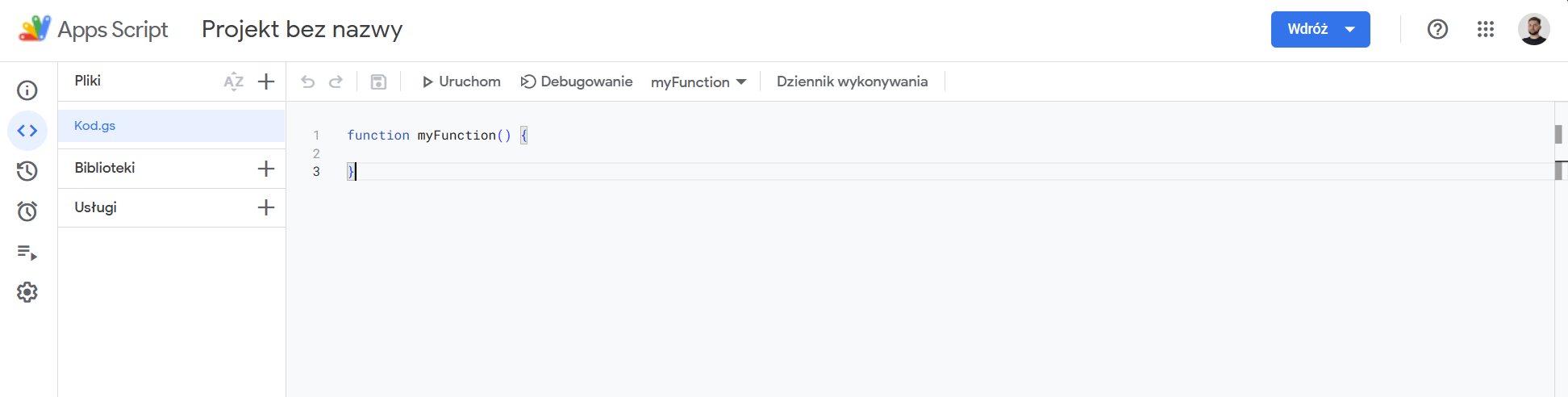 Nowy projekt Apps Script