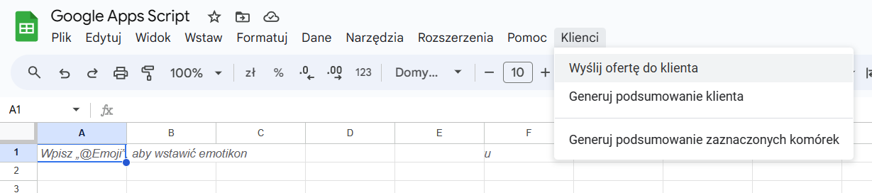 Zrzut ekranu pokazujący własne menu w arkuszach Google