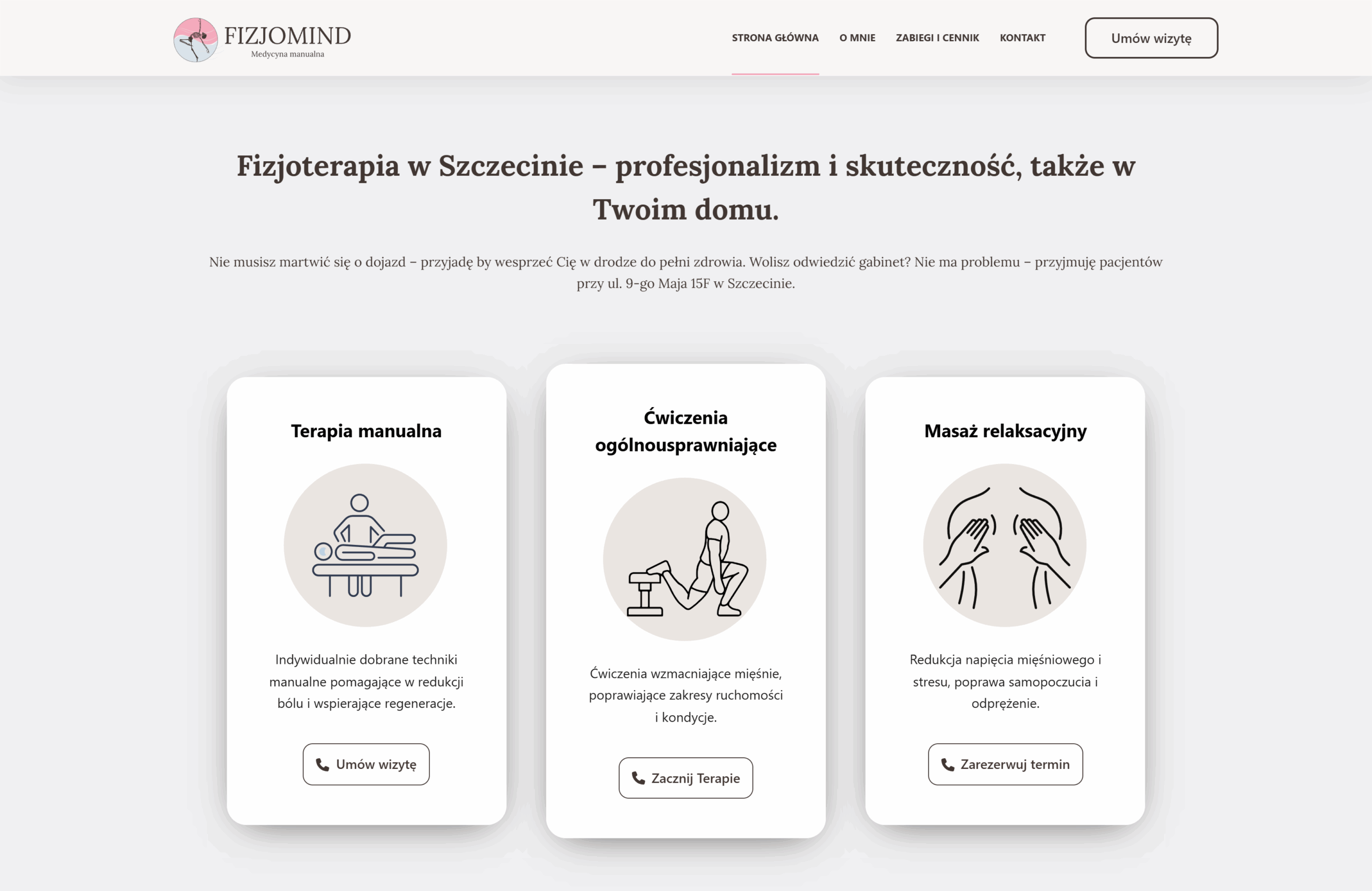 Zrzut ekranu ofery na stronie fizjomind