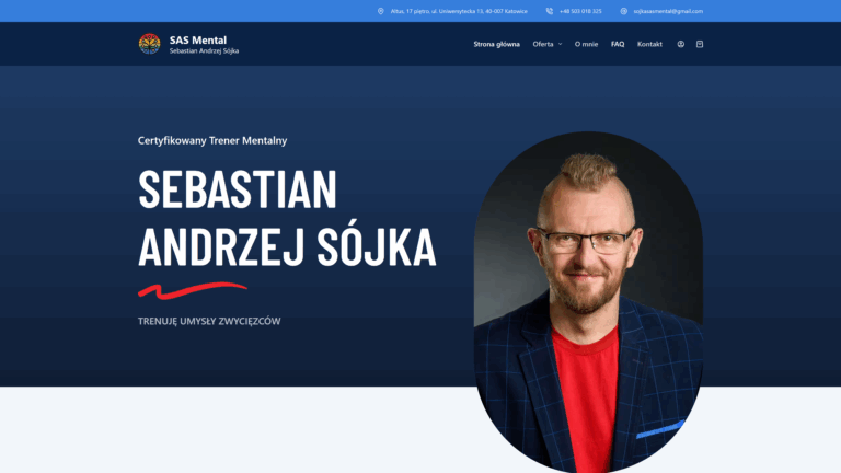 Zrzut ekranu sekcji hero trenera mentalnego przedstawia trenera mentalnego wraz ze zdjęciem