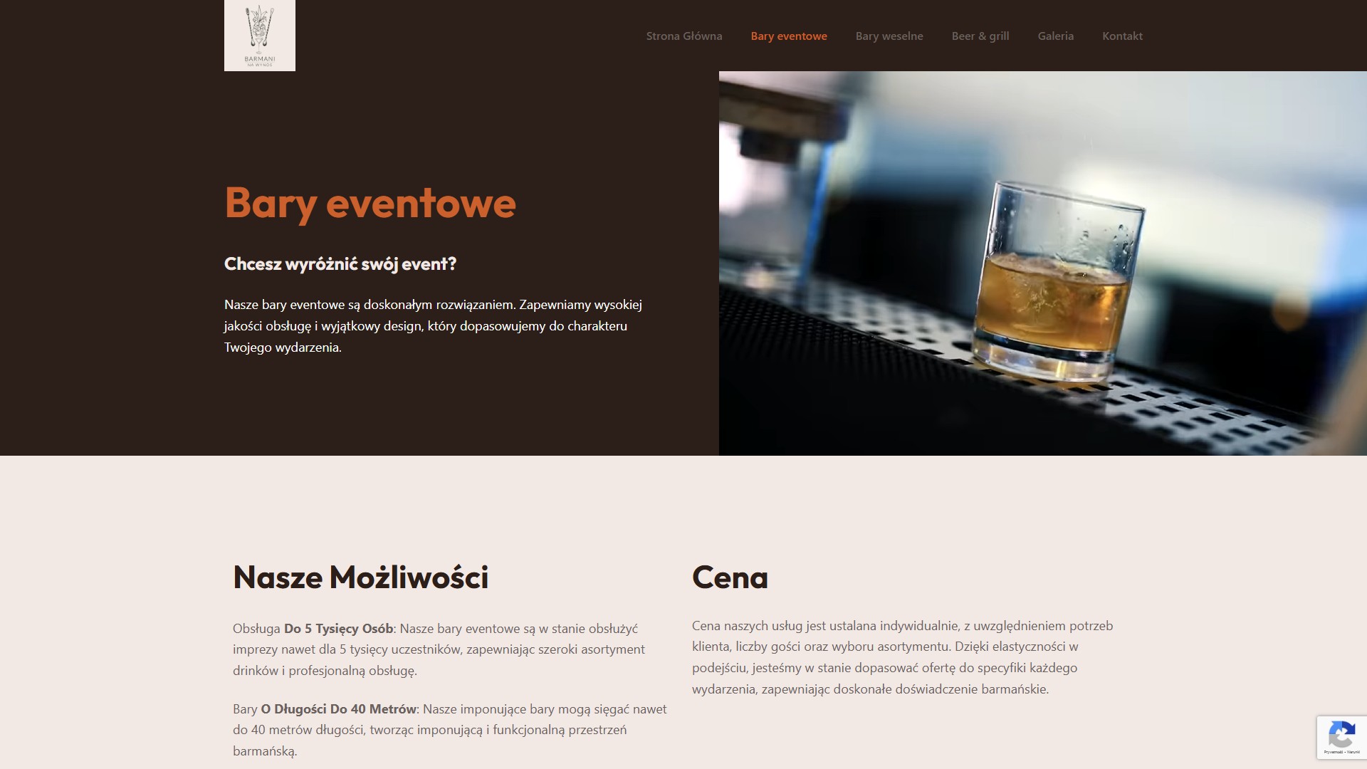 Obraz przedstawiający podstronę opisującą bary eventowe