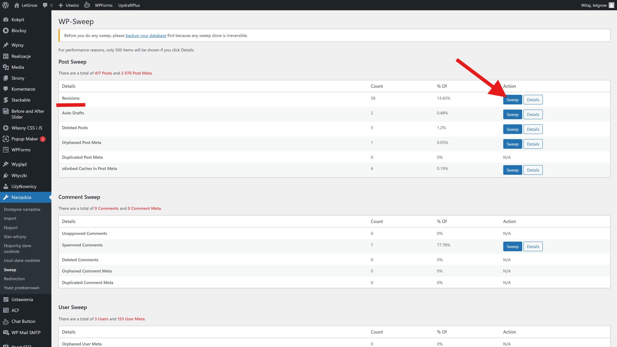 zrzut ekranu pokazujący użycie wtyczki wp-sweep
