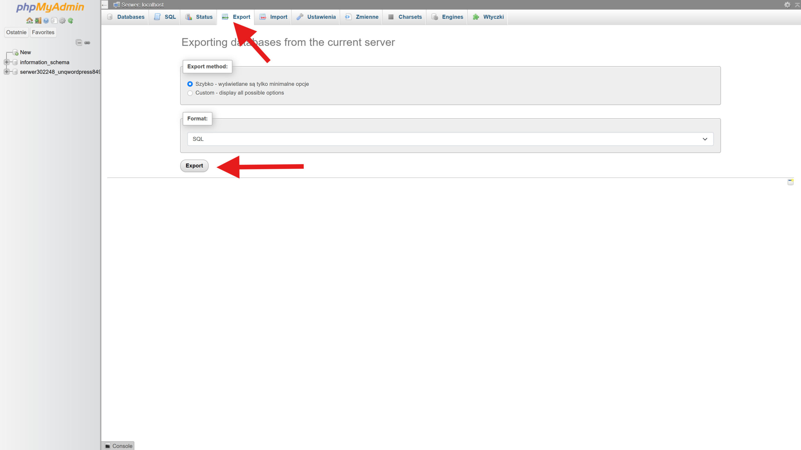Zrzut ekranu z php-my-admin pokazujący zakładkę eksport
