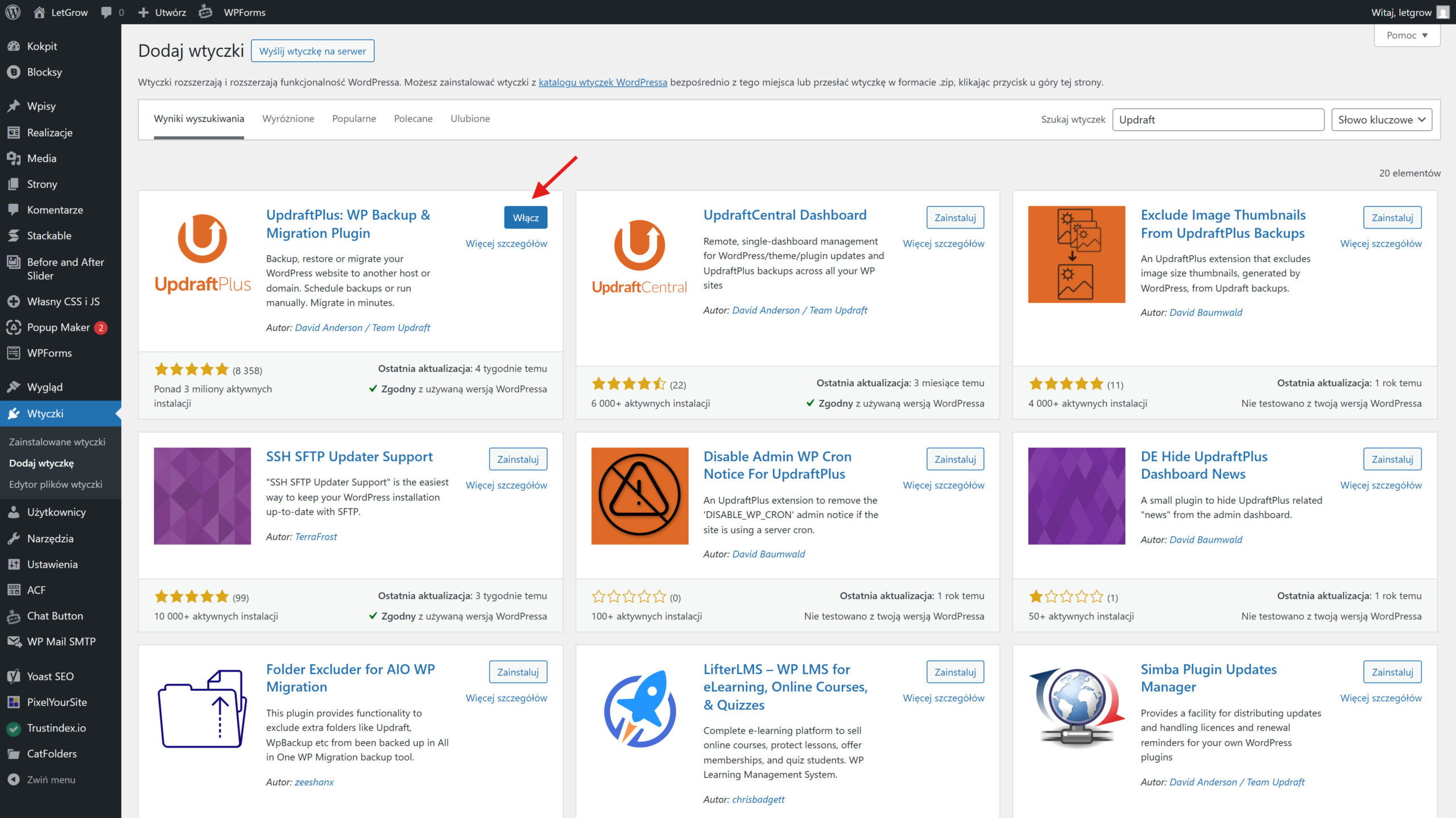 Instalacja wtyczki UpdraftPlus w WordPress
