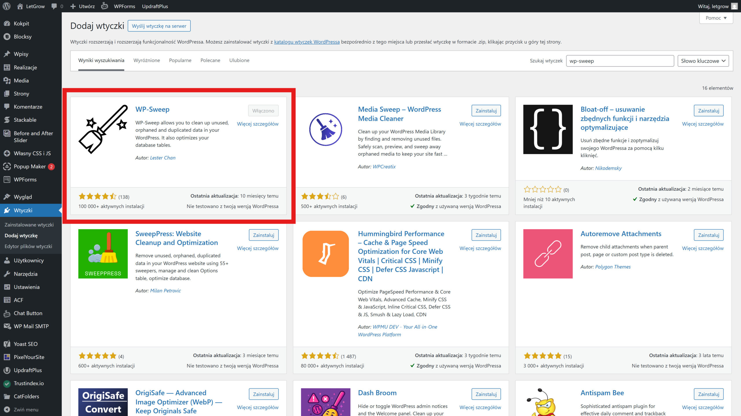 Zrzut ekranu pokazujący instalację wtyczki wp-sweep