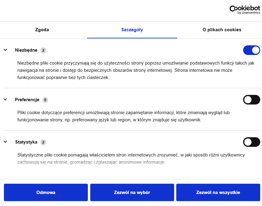 Tak wyglada baner zgód cookiebot. Na pewno już gdzieś go widziałeś.