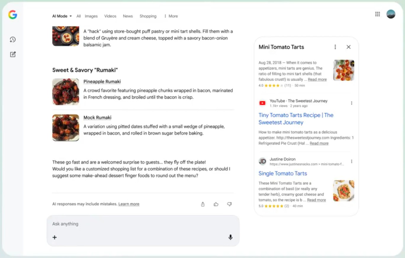 Zrzut ekranu z materiałów Robby Stein na portalu X pokazujący nowy AI mode w Google