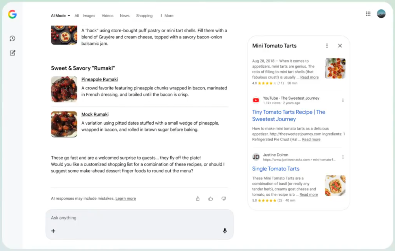 Zrzut ekranu z materiałów Robby Stein na portalu X pokazujący nowy AI mode w Google