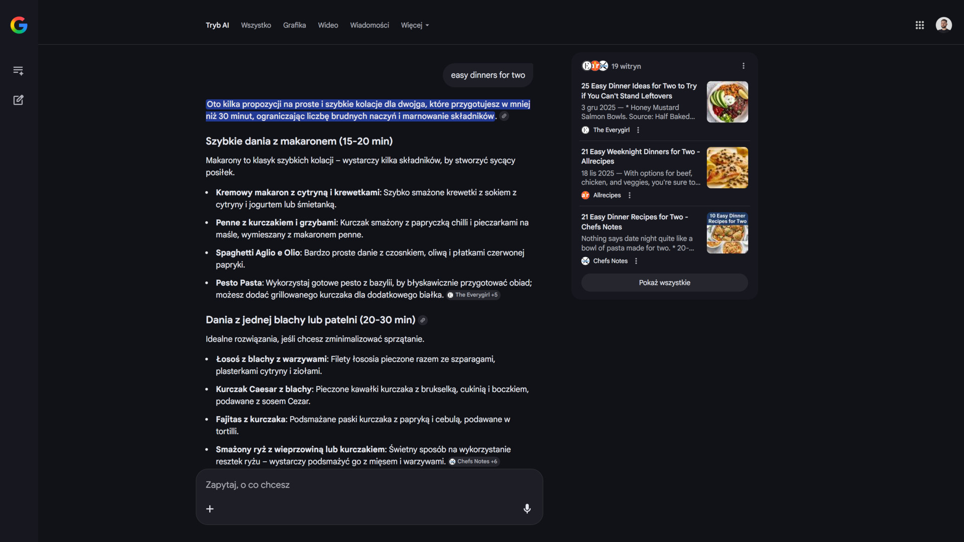 Przepis kulinarny generowany przez AI mode - przed zmianami